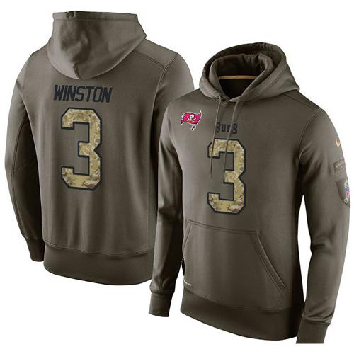 NFL Men's Nike Tampa Bay Buccaneers #3 Jameis Winston Stitched Green Olive Salute To Service KO Performance Hoodie - Click Image to Close